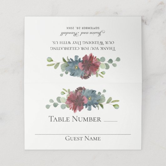 Marsala en Blauwe Waterverf Bloemenbruiloft Plaatskaartje (Buitenkant ongevouwen)