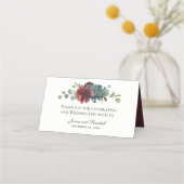 Marsala en Blauwe Waterverf Bloemenbruiloft Plaatskaartje (Achterkant)
