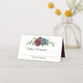 Marsala en Blauwe Waterverf Bloemenbruiloft Plaatskaartje (Voorkant)