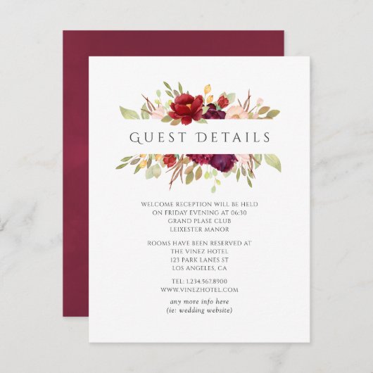 Marsala en blozende bloemige details voor trouwgas informatiekaartje (Voorkant / Achterkant)