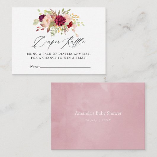 Marsala en Blush Bloemen Baby shower Luier Raffle Informatiekaartje (Voorkant / Achterkant)