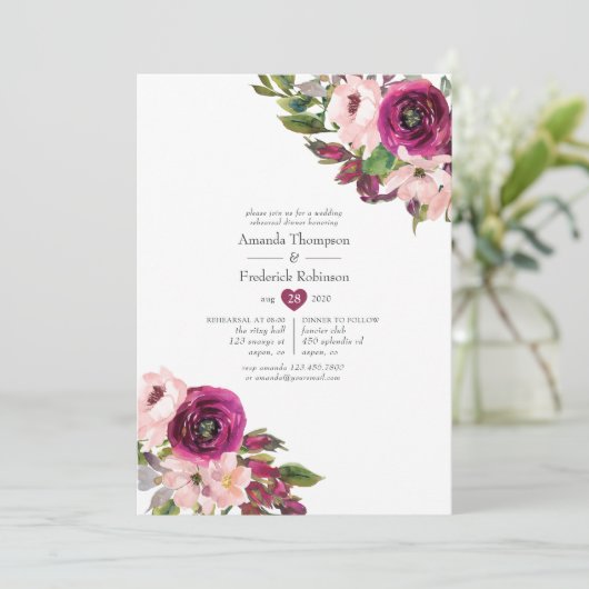 Marsala en Blush Bloemen Bruiloft Repetitie Diner Kaart (Staand voorkant)
