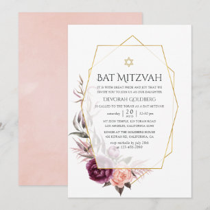 Marsala en Blush Bloemen Geometrische Bat Mitzvah Kaart