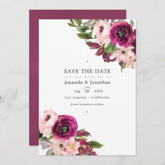 Marsala en Blush Bloemen Huwelijksfoto Save The Date (Voorkant / Achterkant)