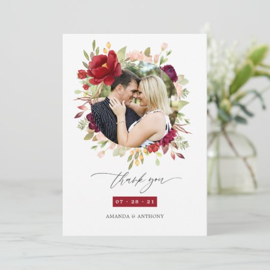 Marsala en Blush Floral Wedding Photo Collage Bedankkaart (Staand voorkant)