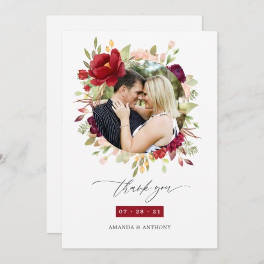 Marsala en Blush Floral Wedding Photo Collage Bedankkaart (Voorkant / Achterkant)