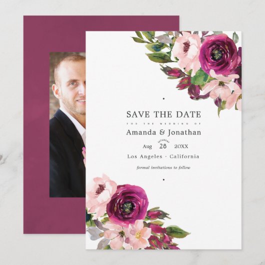 Marsala en Blush Floral Wedding Photo Save The Date (Voorkant / Achterkant)