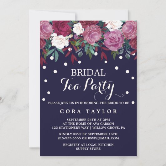 Marsala en Bourgogne Floral op Navy Bridal Tea Par Kaart (Voorkant)