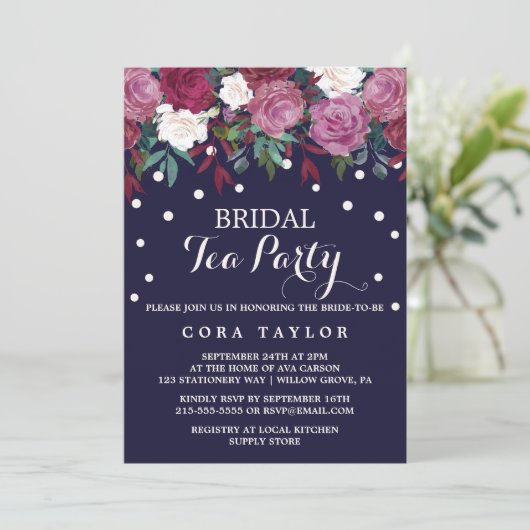 Marsala en Bourgogne Floral op Navy Bridal Tea Par Kaart (Staand voorkant)