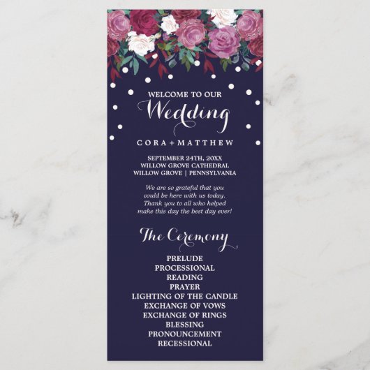 Marsala en Bourgogne Floral over het marineverbind Programmakaart (Voorkant)