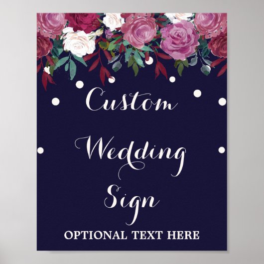 Marsala en Burgundy Floral Navy Custom Wedding Sig Poster (Voorkant)