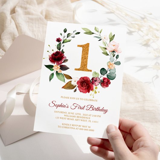 Marsala en Burgundy Wreath First Birthday Kaart