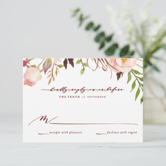 Marsala en Gold Boho Garden Wedding Reply Kaart (Staand voorkant)