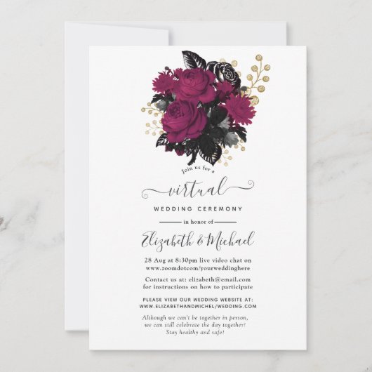Marsala en Gold Floral Virtual Wedding Kaart (Voorkant)