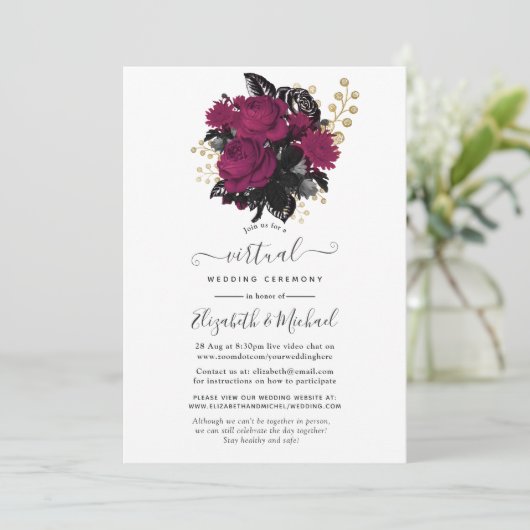 Marsala en Gold Floral Virtual Wedding Kaart (Staand voorkant)