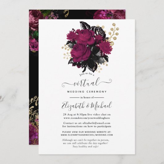 Marsala en Gold Floral Virtual Wedding Kaart (Voorkant / Achterkant)
