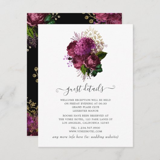 Marsala en Goud Bloemen Bruiloft Gast Details Informatiekaartje (Voorkant / Achterkant)