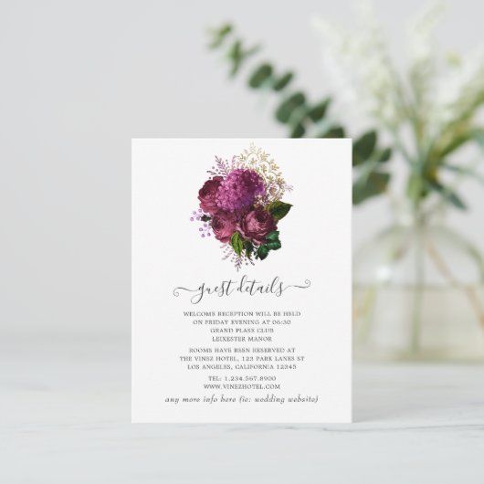 Marsala en Goud Bloemen Bruiloft Gast Details Informatiekaartje (Staand voorkant)