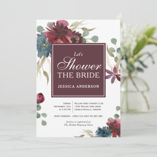 Marsala en Navy Bloemen Bridal Douche Uitnodiging (Staand voorkant)