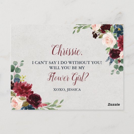 Marsala en Navy Floral Bloemenmeisje Voorstel Briefkaart (Achterkant)