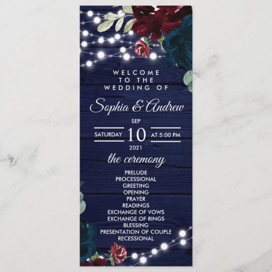 Marsala en Navy Flowers Rustic Wedding Programs Programmakaart (Voorkant)