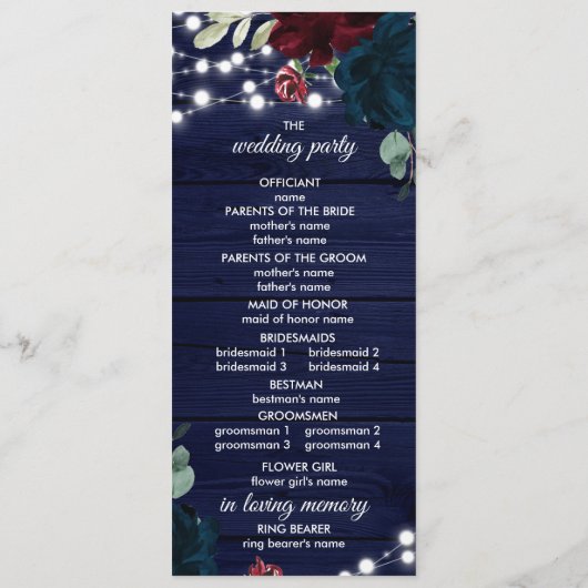 Marsala en Navy Flowers Rustic Wedding Programs Programmakaart (Achterkant)