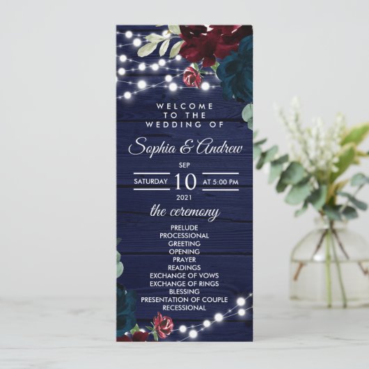 Marsala en Navy Flowers Rustic Wedding Programs Programmakaart (Staand voorkant)