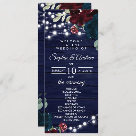 Marsala en Navy Flowers Rustic Wedding Programs Programmakaart (Voorkant / Achterkant)