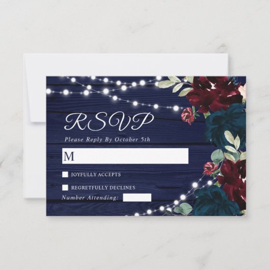 Marsala en Navy Flowers Rustic Wedding RSVP Kaart (Voorkant)