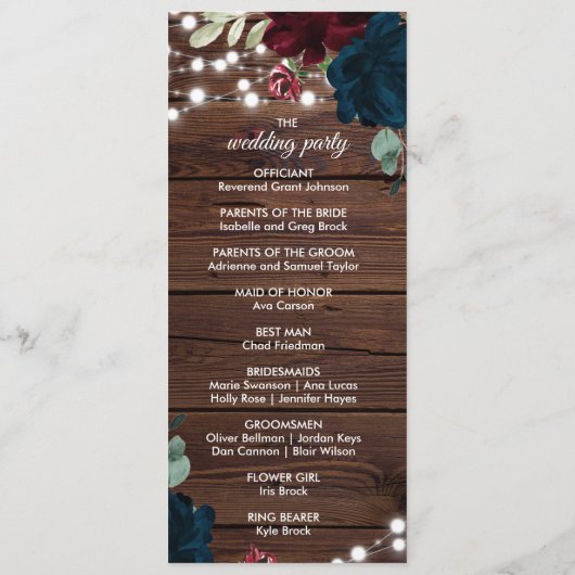 Marsala en Navy Flowers Wedding Programs Programmakaart (Achterkant)