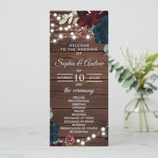 Marsala en Navy Flowers Wedding Programs Programmakaart (Staand voorkant)