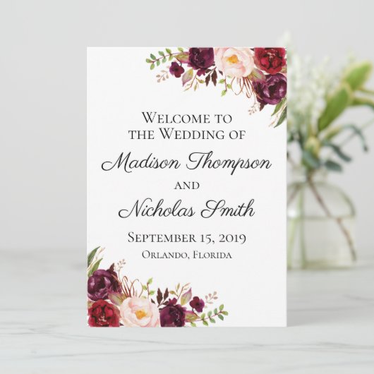 Marsala en Pink Floral bruiloft programma Kaarten (Staand voorkant)