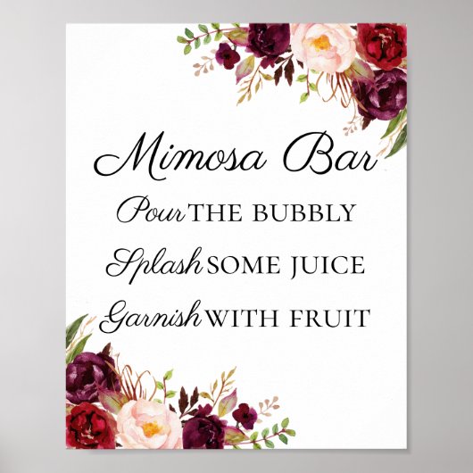 Marsala en Pink Floral Mimosa Bar Sign Poster (Voorkant)