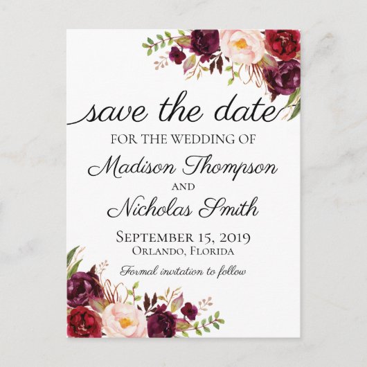 Marsala en Pink Floral Save the Date Briefkaarten (Voorkant)