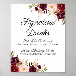 Marsala en Pink Floral Signature Drink Sign Poster
