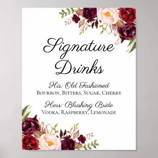 Marsala en Pink Floral Signature Drink Sign Poster (Voorkant)