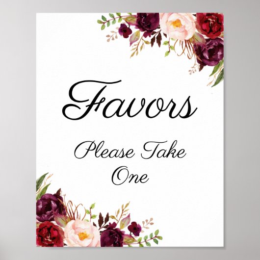 Marsala en Pink Floral Wedding Favors Sign Poster (Voorkant)