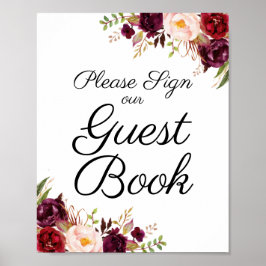 Marsala en Pink Floral Wedding Guest Book Sign Poster