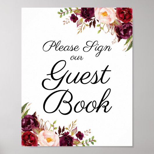 Marsala en Pink Floral Wedding Guest Book Sign Poster (Voorkant)