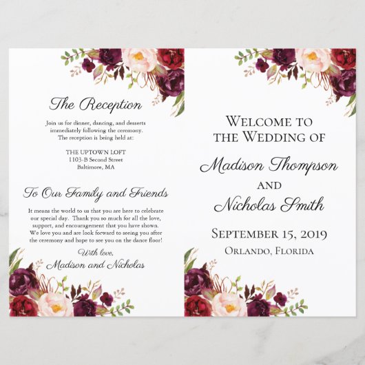 Marsala en Pink Floral Wedding Programs (Voorkant)