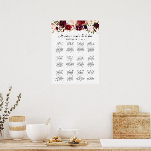 Marsala en Pink Floral Wedding Seating Chart Poster (Keuken)