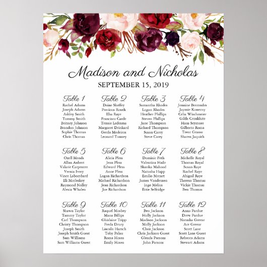 Marsala en Pink Floral Wedding Seating Chart Poster (Voorkant)