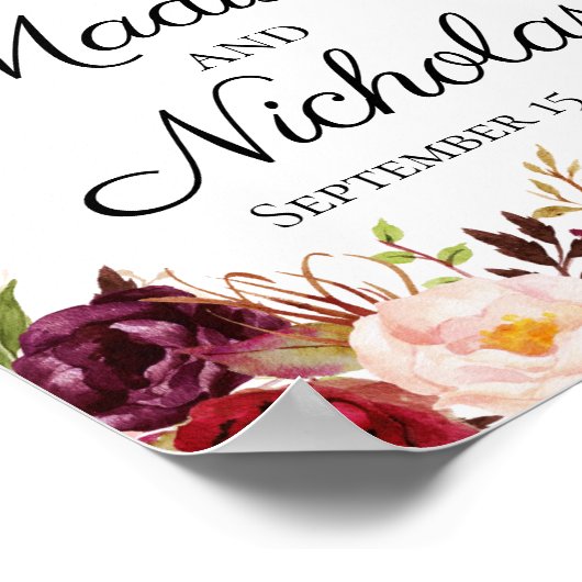 Marsala en Pink Floral Wedding Welkomstteken Poster (Hoek)