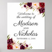 Marsala en Pink Floral Wedding Welkomstteken Poster (Voorkant)