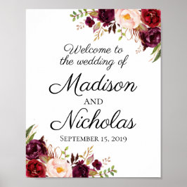 Marsala en Pink Floral Wedding Welkomstteken Poster