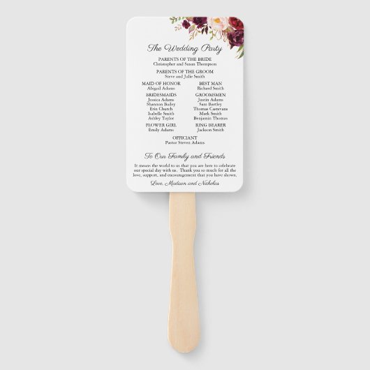 Marsala en Pink Flower Trouwprogramma Fans Handwaaier (Achterkant)