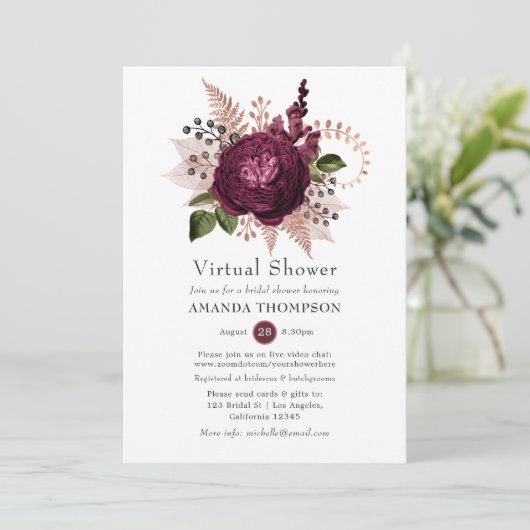 Marsala en Roos Gold Floral Virtual Shower Kaart (Staand voorkant)