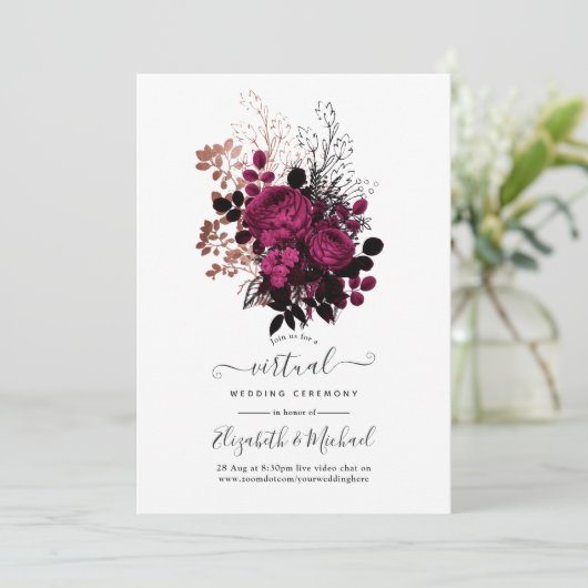 Marsala en Roos Gold Floral Virtual Wedding Kaart (Staand voorkant)