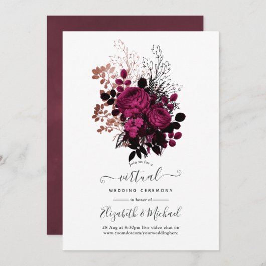 Marsala en Roos Gold Floral Virtual Wedding Kaart (Voorkant / Achterkant)