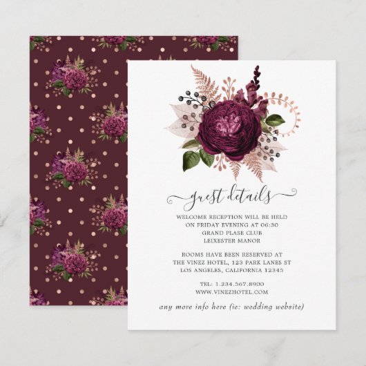 Marsala en Roos Gold Floral Wedding Guest - Gegeve Informatiekaartje (Voorkant / Achterkant)